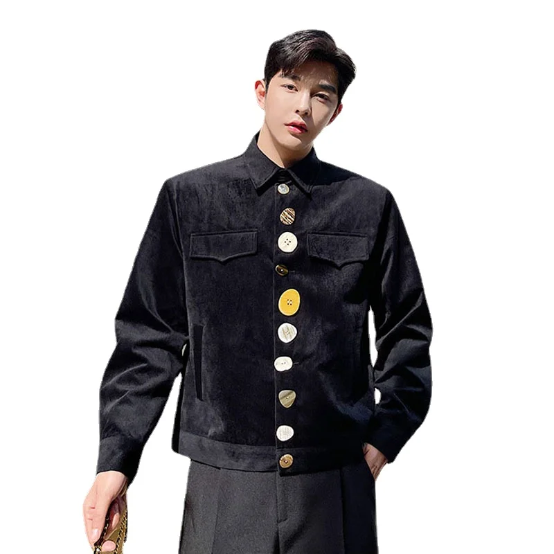 

Men Button Decoration Corduroy Jacket Korean Streetwear Vintage Fashion Casual Short Coat Autumn Spring Mens Jacket Overcoat