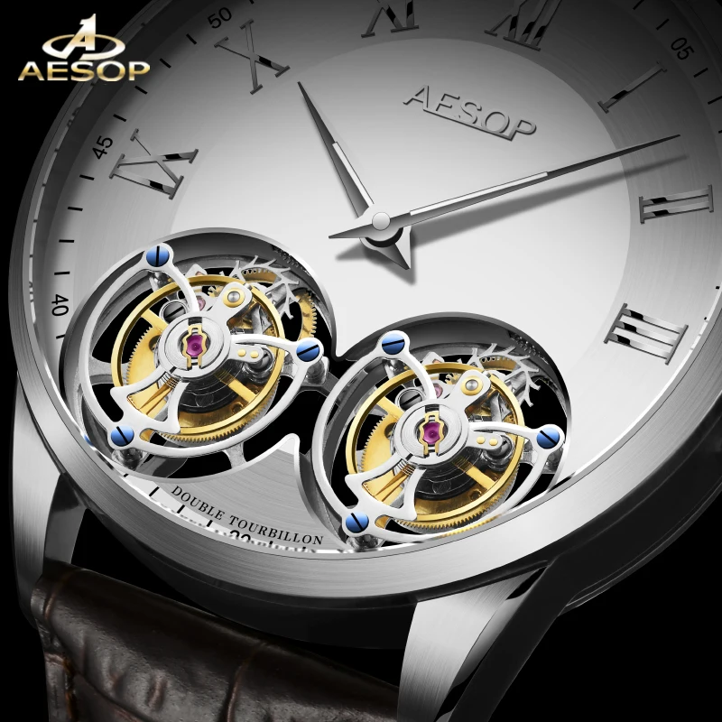 Aesop Luxury Dual Tourbillon Mechanical Watch for Men Sapphire Manual Flying Tourbillon Wristwatches Mens horloges mannen 7026