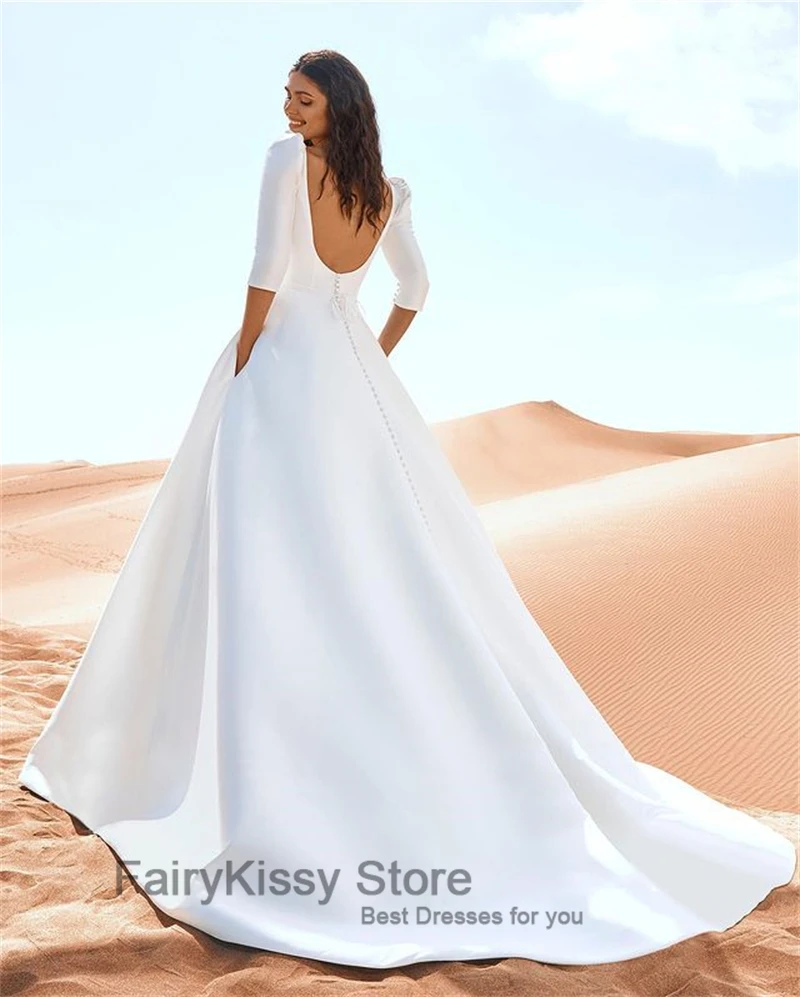 FairyKissy Elegant Satin Wedding Dresses with Belt Pockets Sexy V Neck 3/4 Sleeve Priness Party Gowns for Bridal Beach Vintage