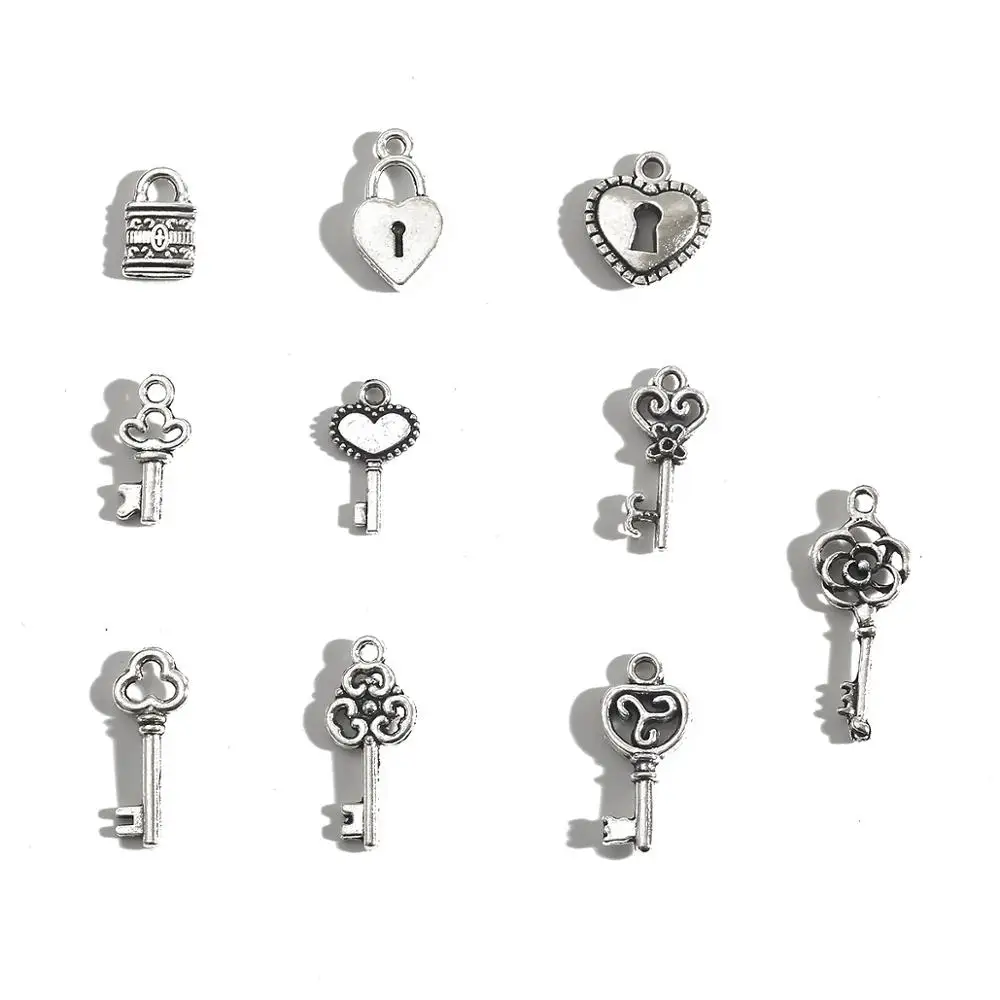 20-30pcs Vintage Silver Color Hollow Small Heart Key Lock Charms Pendants For Jewelry Making Diy Earring Necklace Bracelet