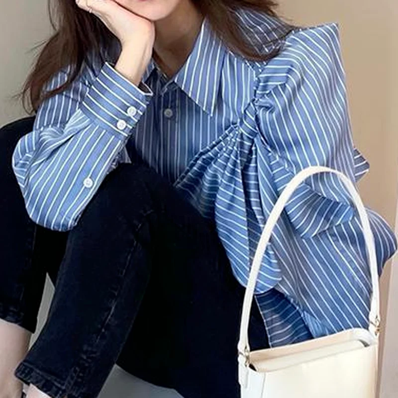 Nomikuma Elegant Bowknot Striped Women Blouses Korean Long Sleeve Turn-down Collar Top Shirt Autumn 2023 New Camisas Mujer 6X513