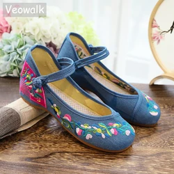 Veowalk Ballerine da donna in cotone denim ricamato a ventaglio cinese da donna comode scarpe da passeggio casual antiscivolo blu rosso