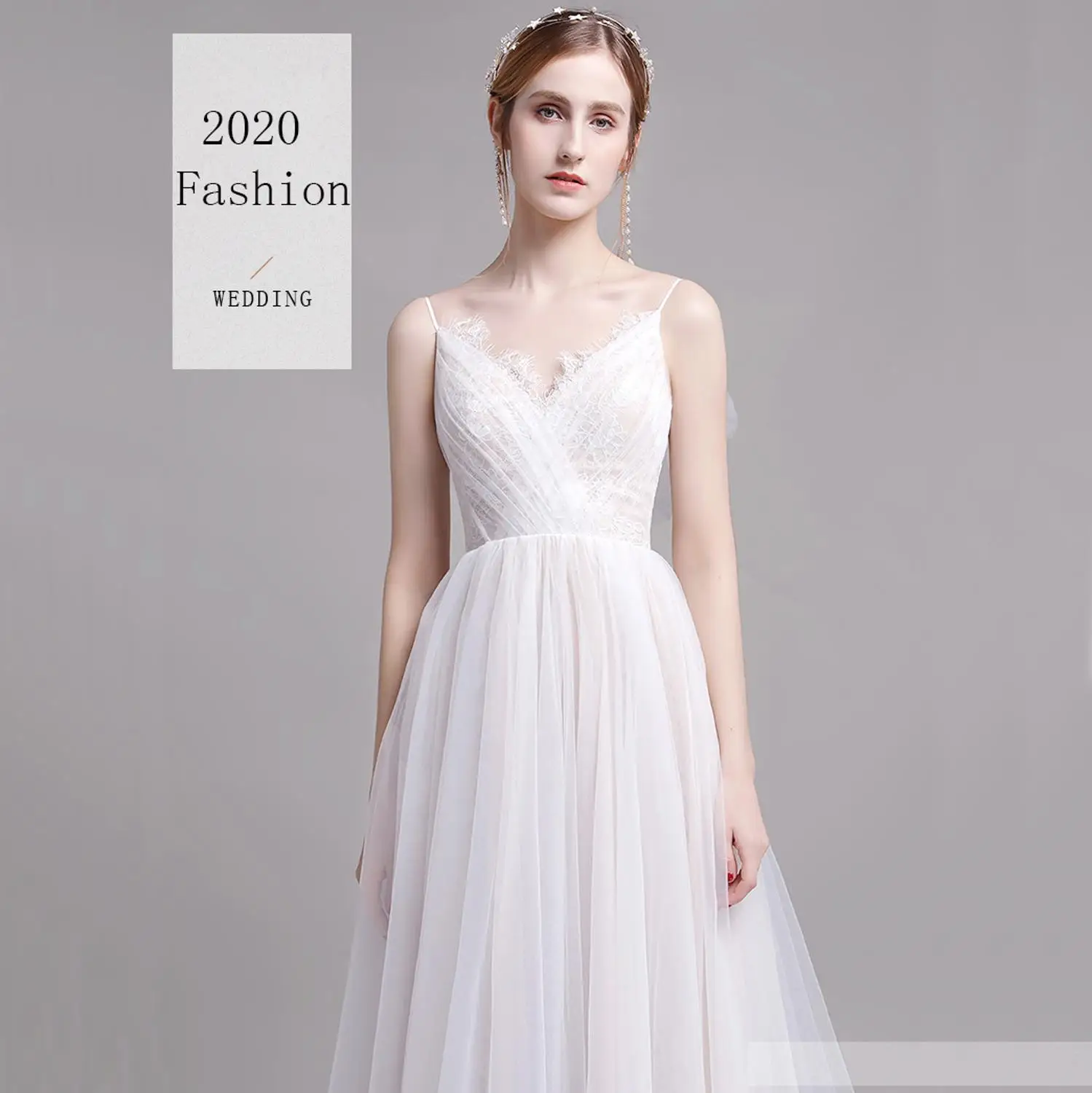 2020ฤดูร้อนชายหาด Boho งานแต่งงานเซ็กซี่ Backless สปาเก็ตตี้สายรัด Tulle ลูกไม้โบฮีเมียนเจ้าสาว Gowns เสื้อคลุม De Mariée