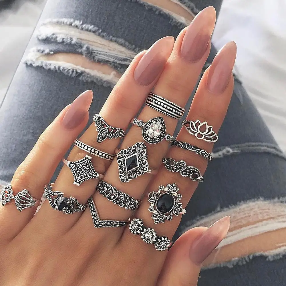 15 Pcs Bohemian Retro Rings Set For Women Crystal Flower Leaves Hollow Lotus Gem Knuckle Ring Wedding Jewelry