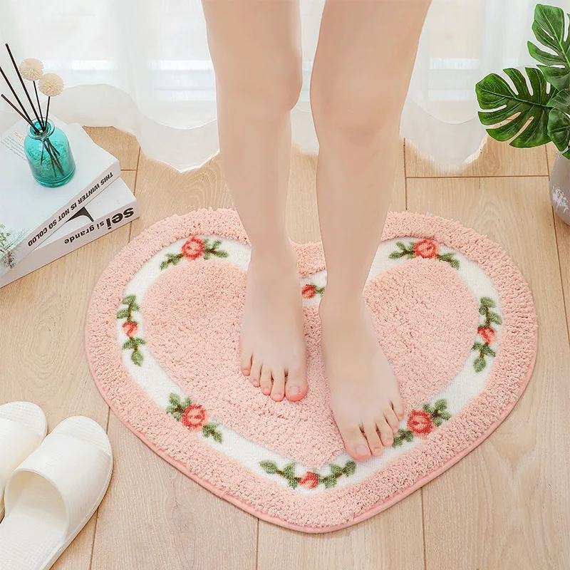 Heart Shape Bathroom Mat, Flower Pattern, Toilet Bath Carpets, Anti-slip, WC Area Floor Rug, Washable Doormat, Bedroom Decor