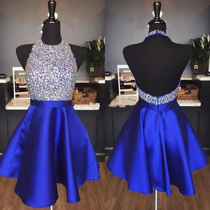 

Blue Homecoming Dresses A-line Halter Satin Beaded Crystals Elegant Cocktail Dresses