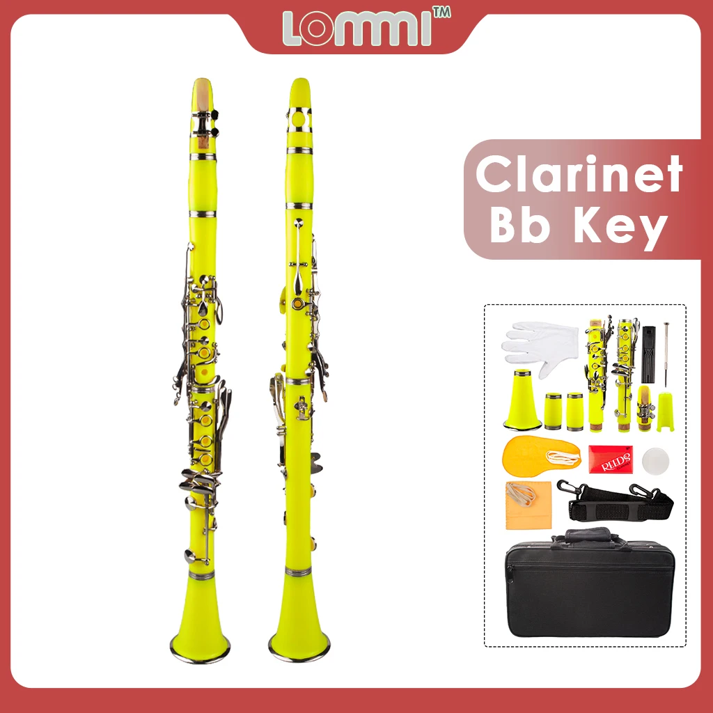 

LOMMI ABS 17 Keys Bb Clarinet Set Yellow With Double Barrel Canvas Case Cleaning Kit For Student And Beginner Player