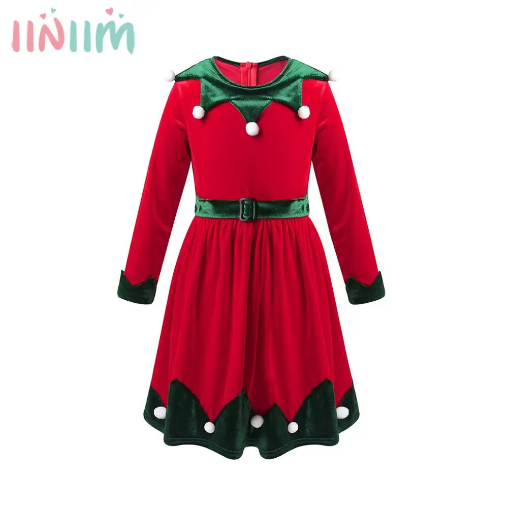 

Kids Girls Fancy Christmas Costumes Soft Velvet Birthday Party Dresses Clown Collar Back Zipper Pom Pom Trim Swing Long Dress