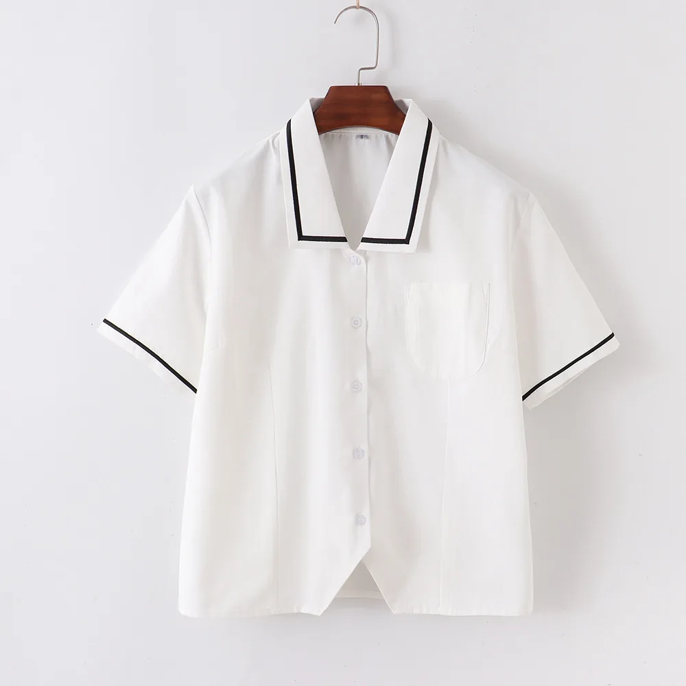 Collar black strip Short-sleeved women's shirt Summer Japanese Anime White shirt