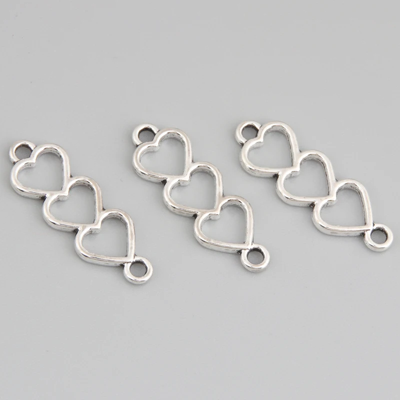 50pcs Silver Color 24x8mm Triple Heart Charms Love Connector Pendant Fit DIY Handmade Metal Jewelry Findings Supplies