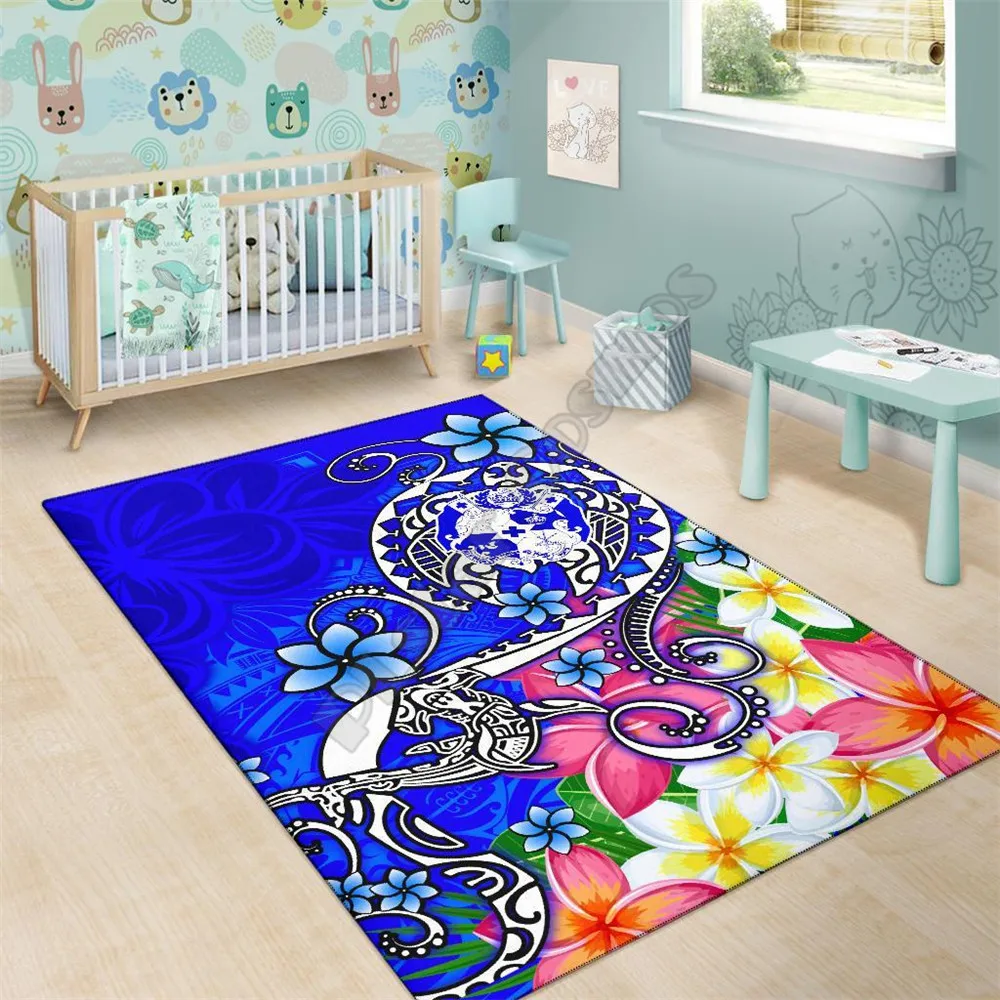 Tonga Area Rug Turtle Plumeria Blue Anti-slip Rug Carpet Home Decoration Living Flannel Bedroom Non-slip Floor Rug