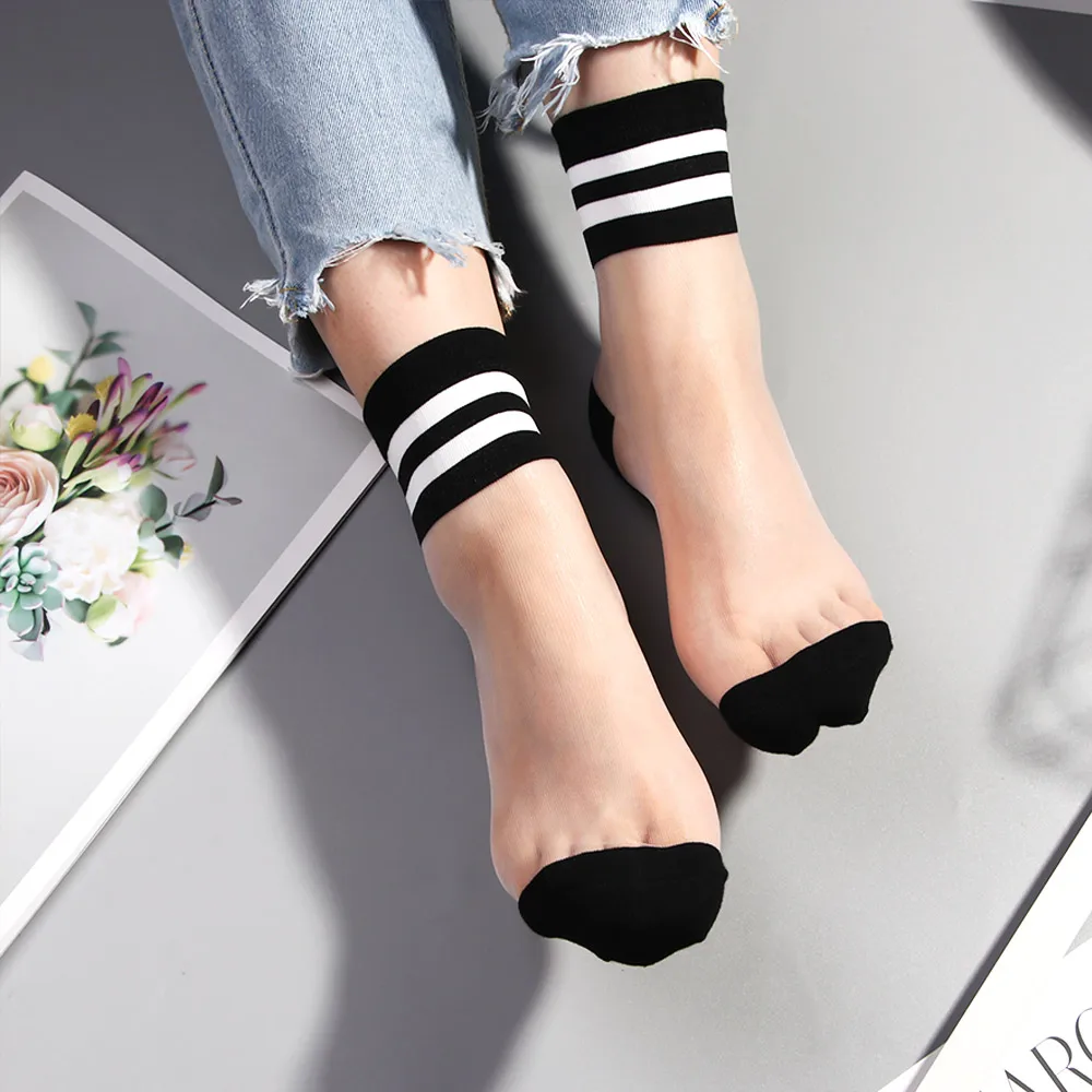 

Summer Women Ultrathin Transparent Socks meias Harajuku Striped Crystal Socks Glass Silk Sock Calcetines Mujer