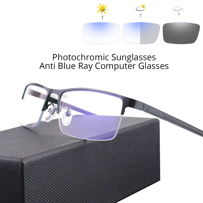 Photochromic Blue Light Blocking Glasses For Computer Men Women Anti Blue Ray UV Half Spectacle Frames