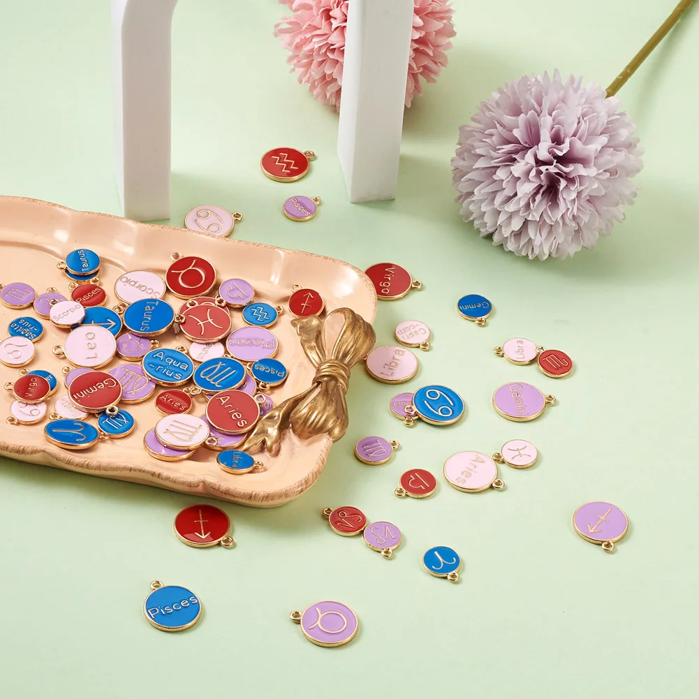 8 Sets 22x18mm Alloy Enamel 12 Constellation Pendants Double Face Zodiac Signs Charms For Necklace Bracelet DIY Jewelry Making