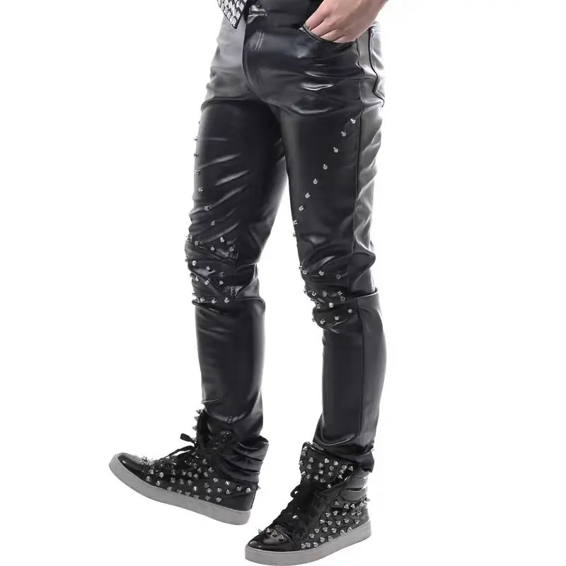 Men's Rivet Slim Black Leather Pants for Male Rock Punk Singer Bar Concert Performance Stage Wear High Street Casual Trousers