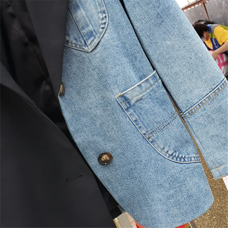 Denim Spliced Women Blazer Jacket High Quality Single Button Black Suit Jacket Loose Fashion Asymmetry Lady Blazer Coat 2021 New