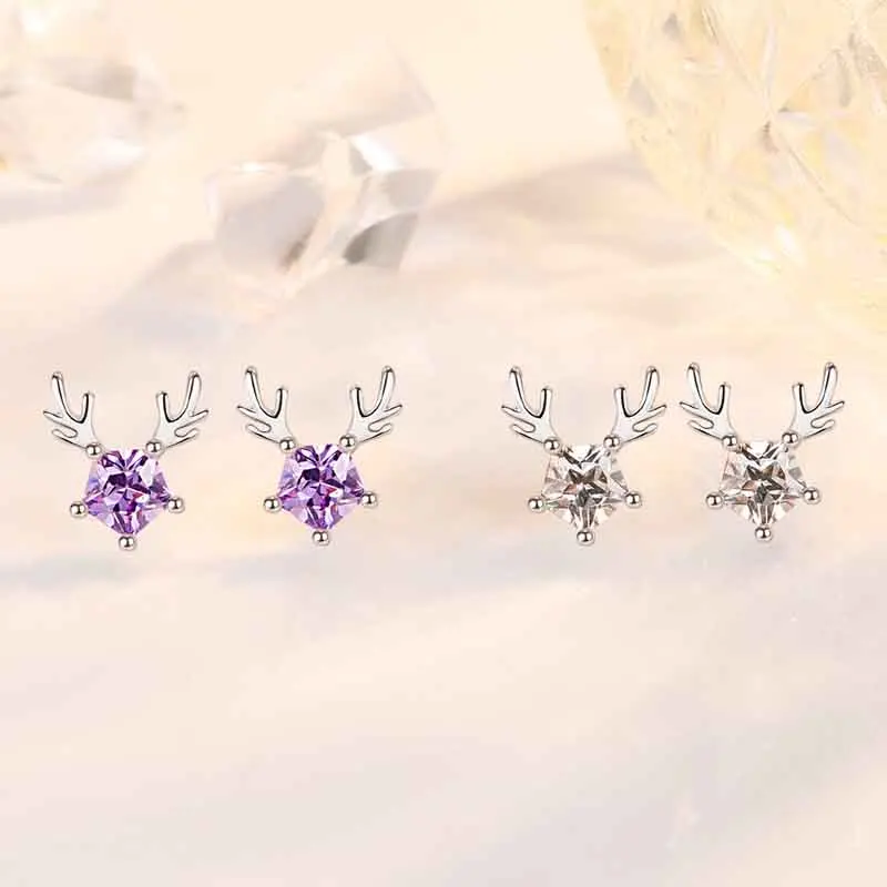 KOFSAC Fashion Mini Antlers Stud Earrings For Women 925 Sterling Silver Christmas Jewelry Shiny Crystal White Pentagonal Earring