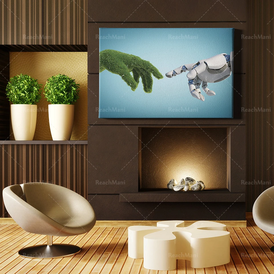 Nature and technology abstract concept robot hand and natural hand art canvas print home wall decoration hand