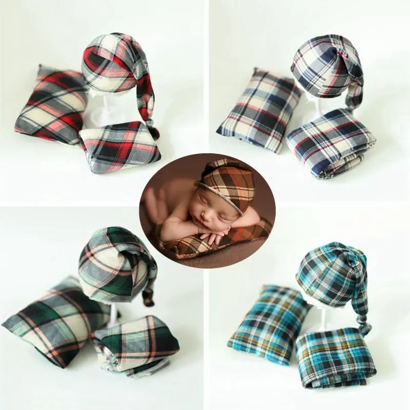 Newborn Photography Props Plaid Wraps & Hats Pillow Soft Set New Born Baby Photo Booth Props Accessories Fotografia Studio