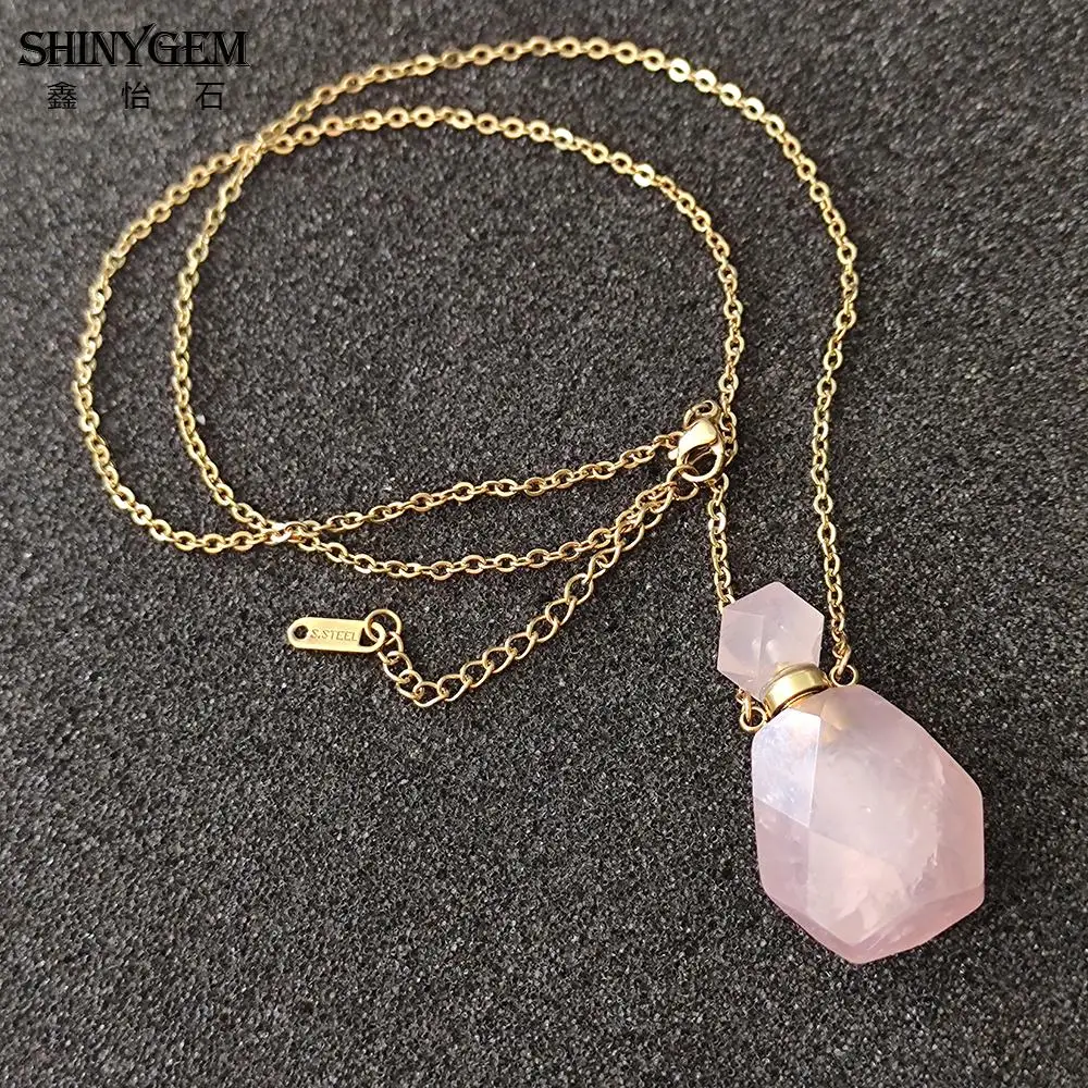 

SHINYGEM Natural Healing Crystal Stone Rose Quartz Druzy Perfume Bottle Plated Genuine 18K Gold Platinum Woman Pendant Necklace