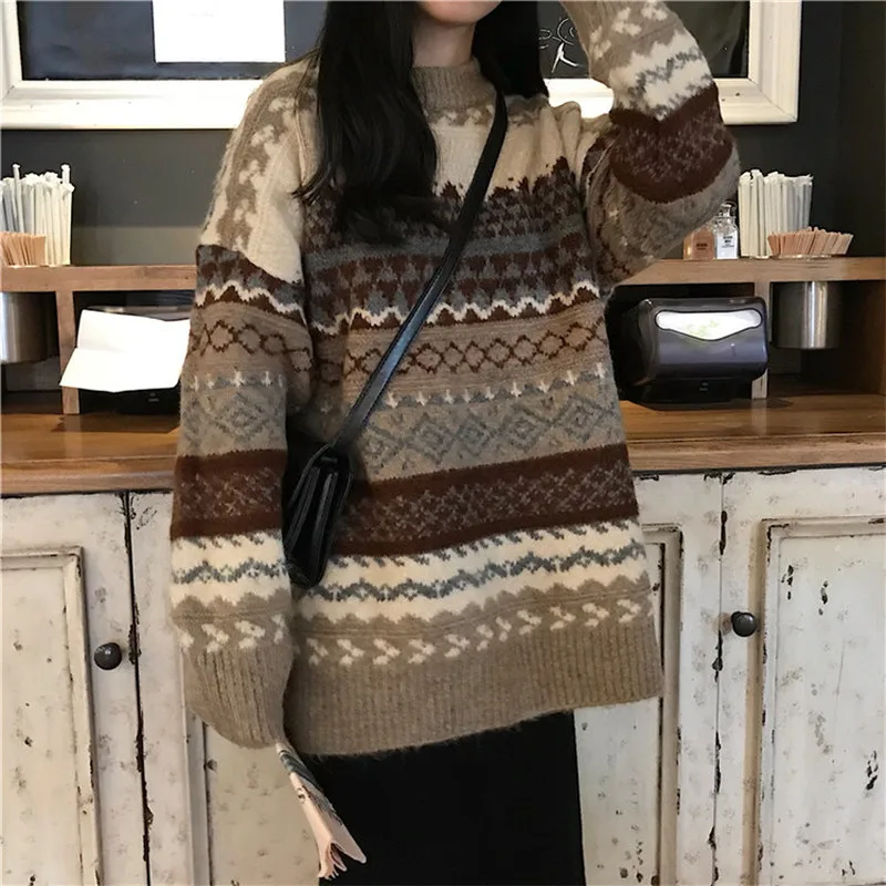 Vintage Sweater Women Knitted Pullovers Winter Striped Jumper Casual Oversized Sweaters Ladies Long Sleeve Knitwear Warm Tops