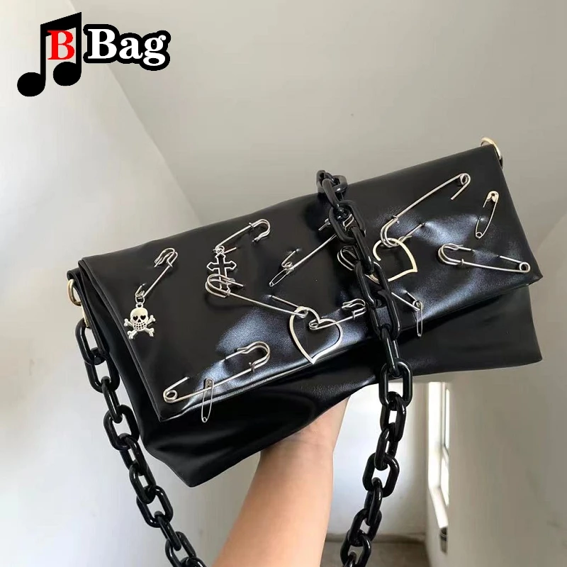 Y2K Gothic Women Girls punk pin Acrylic chain shoulder Bags Handbags Harajuku Female Hip hop Rock PU Leather messenger Bag totes