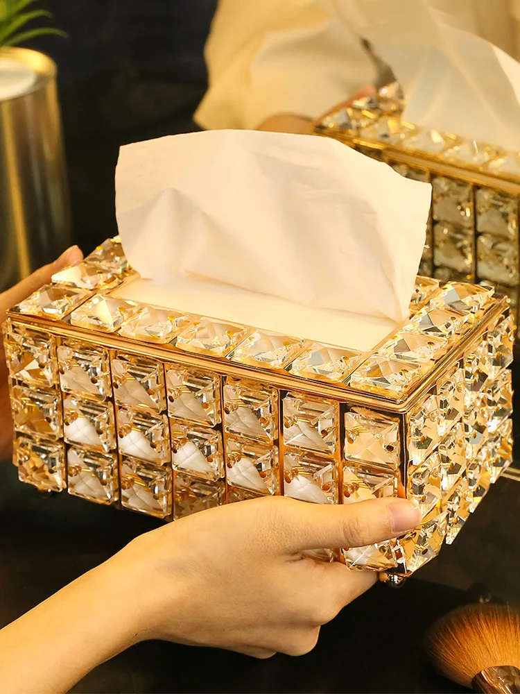 

European Golden Crystal Tissue Box, Makeup Brush Storage Tube, Cosmetic Shelf, Paper Napkin Holder, Desktop Drawer Design, Home