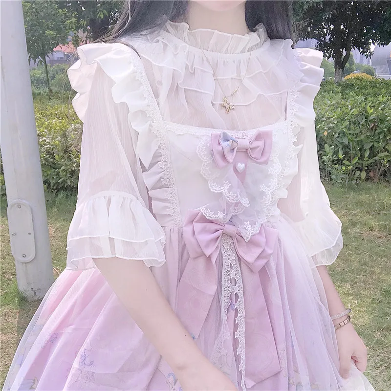 ฤดูร้อนญี่ปุ่นหวานผู้หญิงเสื้อเสื้อเสื้อ Kawaii นุ่ม Girly Lolita บินแขนลูกไม้ Ruffles มุมมองฐานเสื้อ