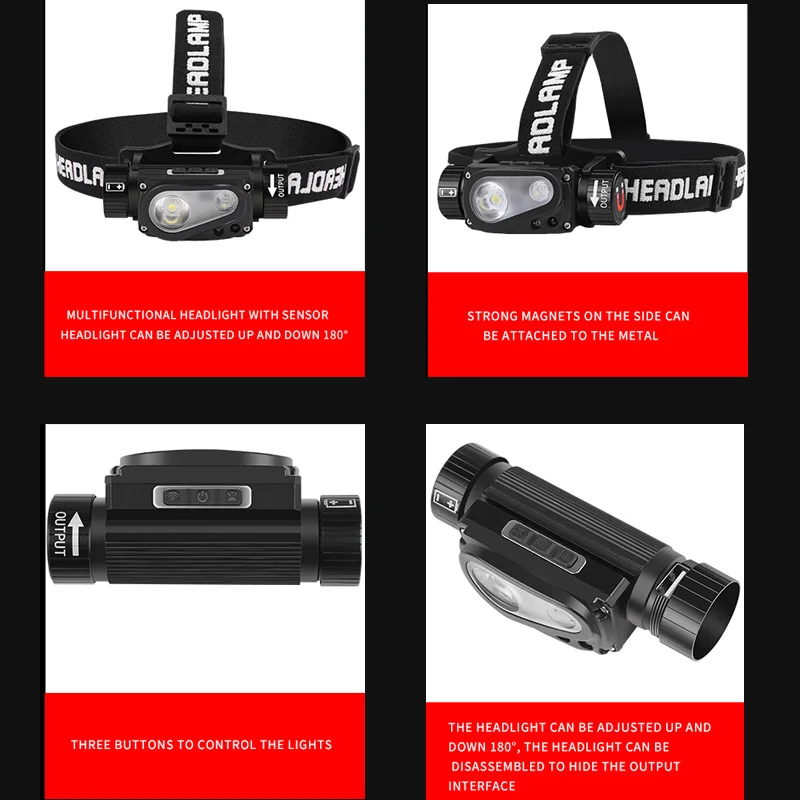 100000LM LED Headlamp XHP50 IR Sensor Headlight Flashlight 18650 USB Rechargeable Head Lamp Torch 10 Lighting Modes Work Light