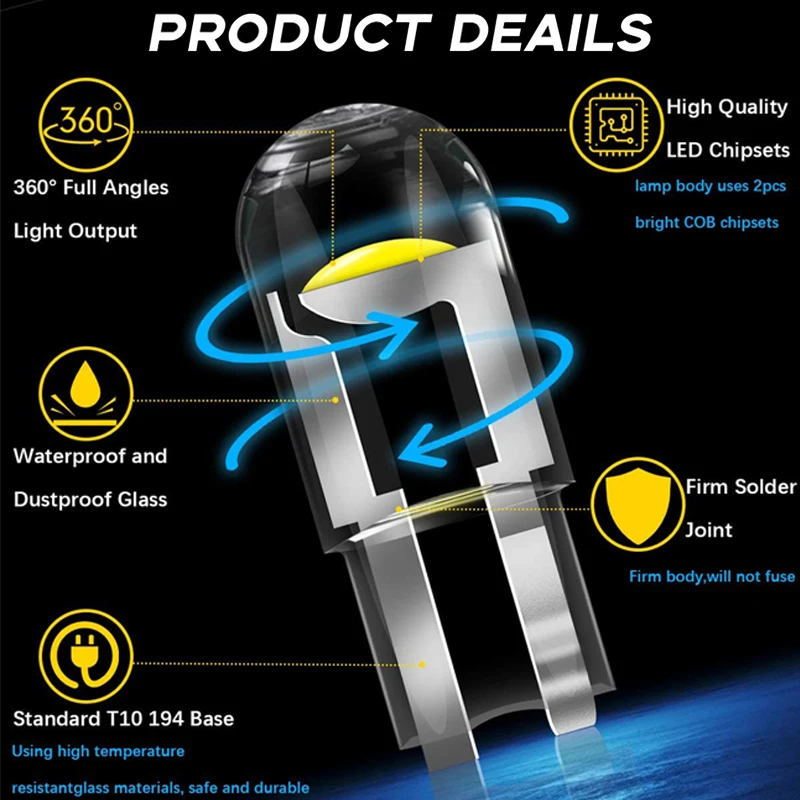 10/50 PCS Car LED COB Bulb T10 W5W Signal Light 12V 7500K White Auto Interior Dome Reading License Plate Lamps Wedge Side Bulbs
