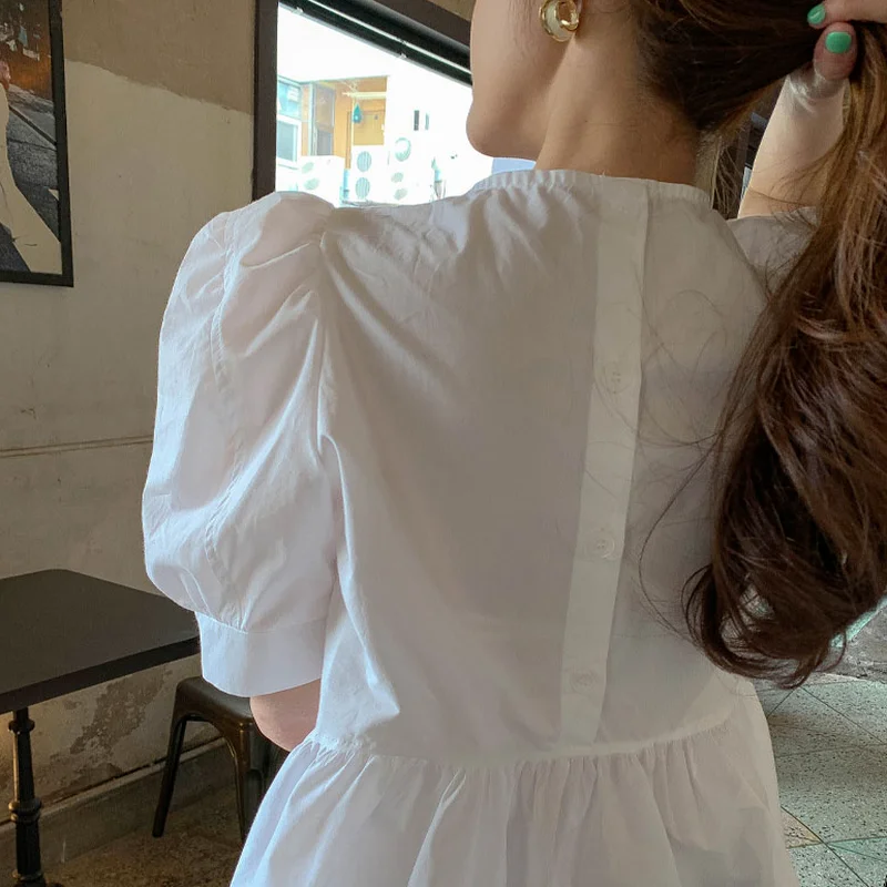 Puff Sleeve Blouses Women White O-neck All-match Korean Style Sweet Cute Tops Summer Chic Female Temperament Design Fashion New