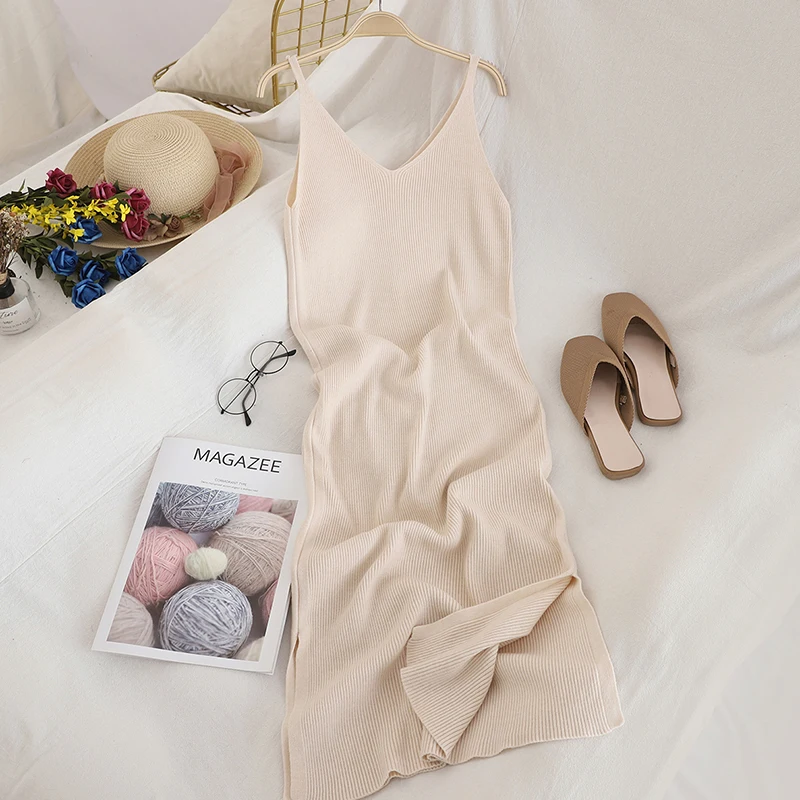 Fashion Knitted Women Dresses Elegant Solid Colid Korean Split Out Sleeveless V-Neck Party Female Dress Vestidos
