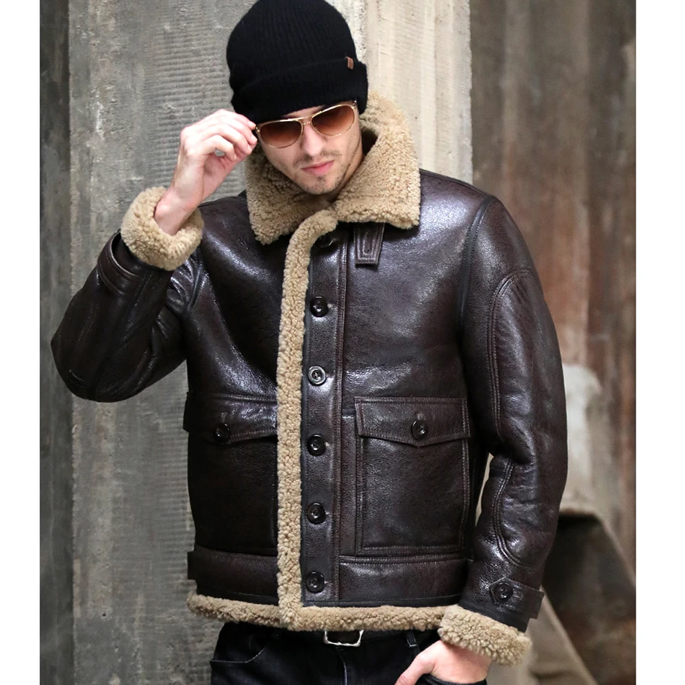 LUHAYESA Dicke Echte Schaffell Mantel Männer Winter Warme Braun Fell Kleidung Neue Echtem Leder Natürliche Schaffell Leder Outwear