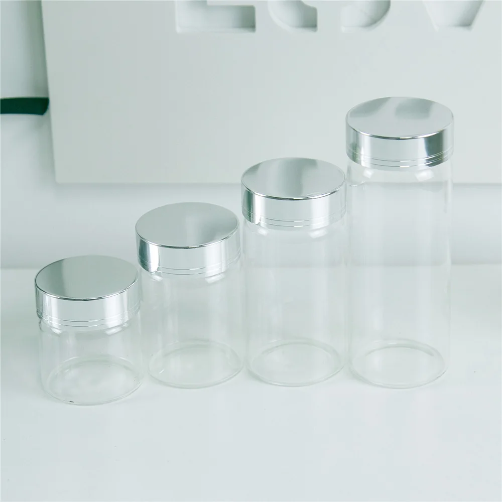 24Pcs 50ml 80ml 100ml 150ml Clear Glass Container have Screw Plastic Lid with Silver Tangent Simple Lovely Reusable Craft Vials