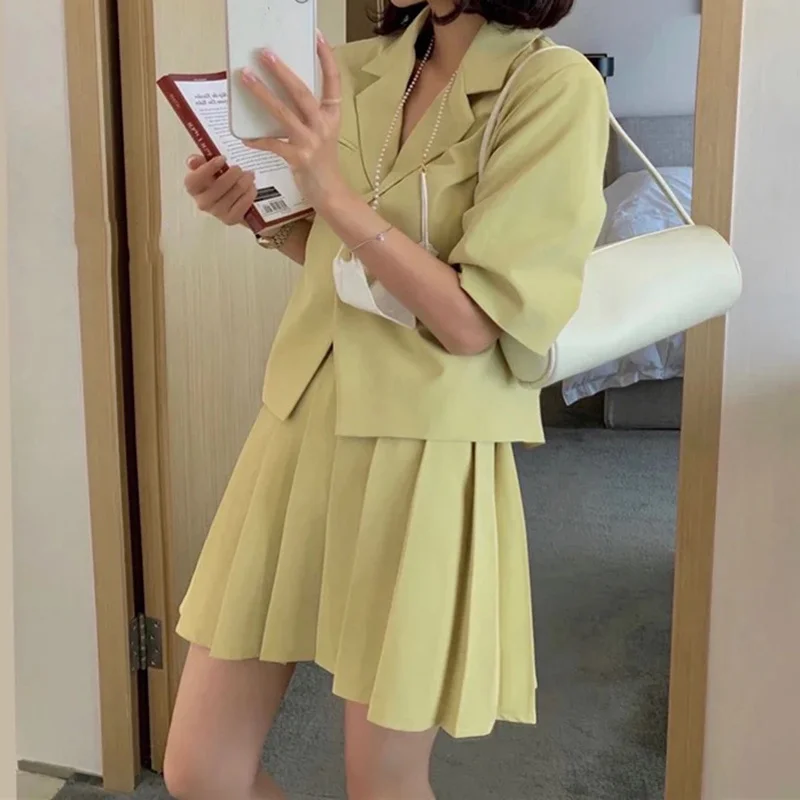 2 Piece Sets Women Short Sleeves Blazers Skirt A Line Pleated Cute Mini Skirts Women Sweet Suit Loose Draped Korea Chic Skirts