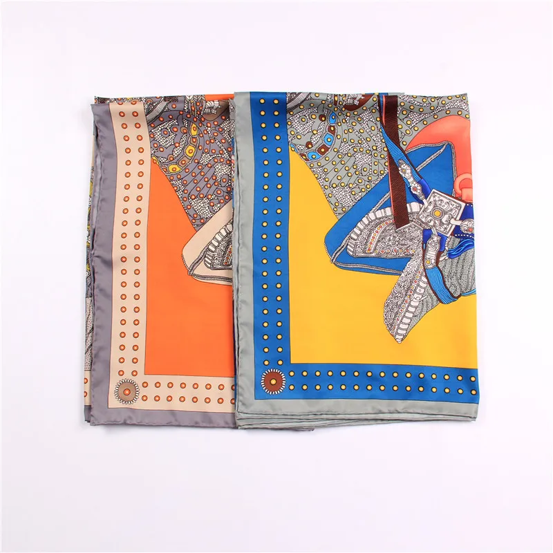 Manuelle Hand Gerollt Twill Seide Schal Frauen Sattel Druck Platz Schals Wraps Echarpe Seide Foulards Femme Bandana Dame Hijab 90CM – Detail 2