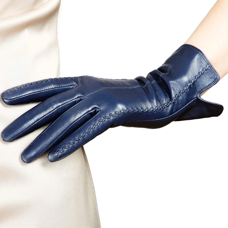 Guantes elegantes de piel de cordero auténtica para mujer, manoplas de terciopelo con pantalla táctil, alta calidad, a la moda, para otoño e