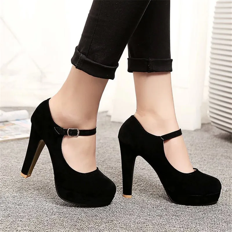 2025 Sexy Mary Janes New Women OL high heels Black Flock Women Pumps Female Platform Winter Thick with Autumn Round Single Shoes