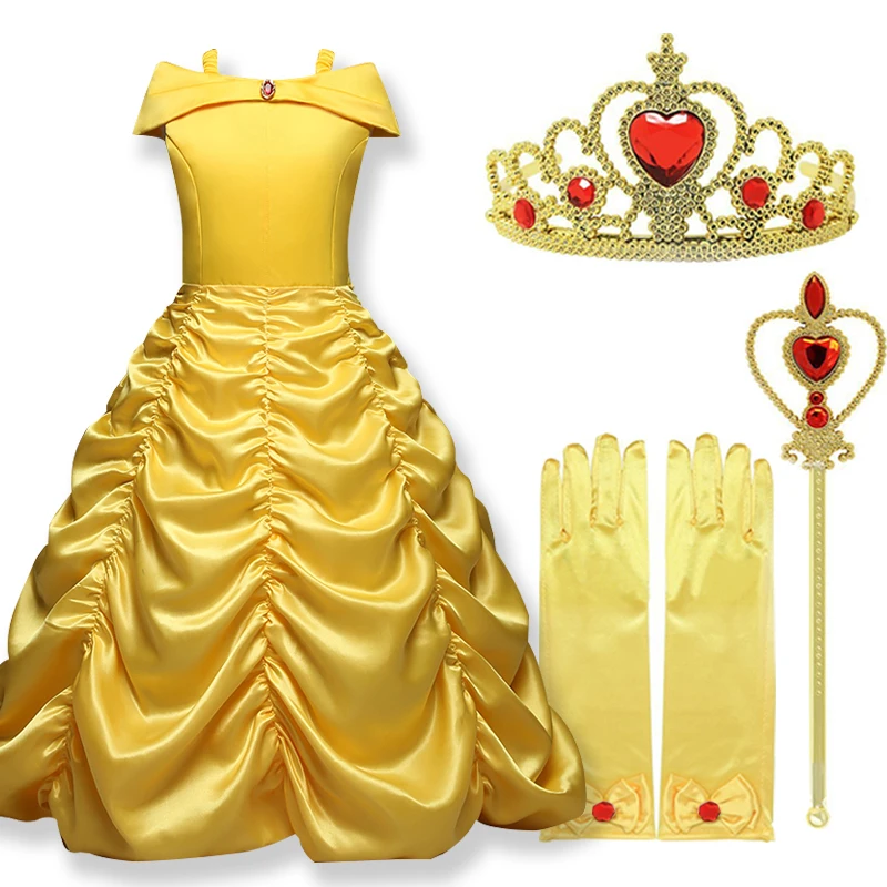 Vestido de princesa Bella para Cosplay, vestidos para niñas para La Bella y La Bestia, ropa de fiesta para niños, corona mágica, disfraz para niños
