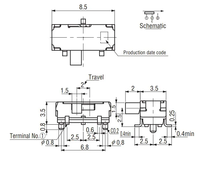 CL-SB-12B-12T Jepang SMD 2-Speed 3-Pin Sisi Toggle Switch Side Slide Switch Emas Kaki