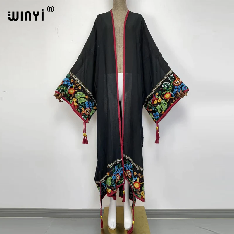 WINYI 2022 summer Sexy See Through Embroidered Long Kimono stitch Beachwear Women Tops and Blouses Middle East Muslim Abaya