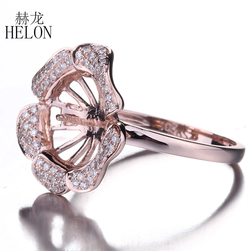 HELON Solid 10K Rose Gold Natural Diamonds Wedding Anniversary Fine Jewelry Semi Mount Ring Setting Fit 9.5-11.2mm Round Pearl