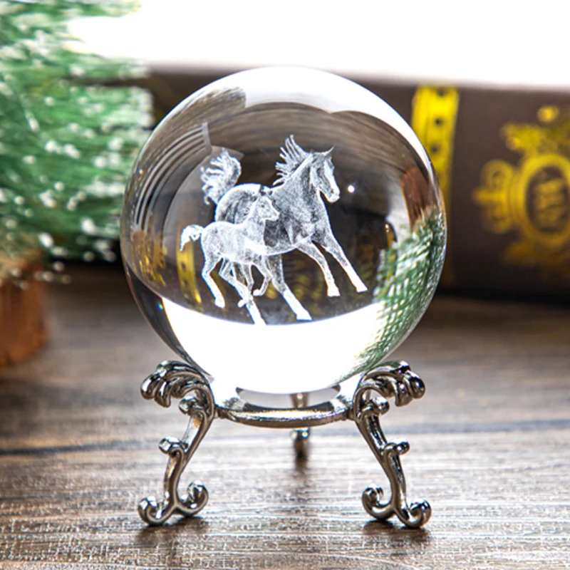 H & D 3D Crystal Ball przycisk do papieru 60mm grawerowany laserem szklany koń kula wyświetlacz medytacja piłka Fengshui Home Decor z podstawą