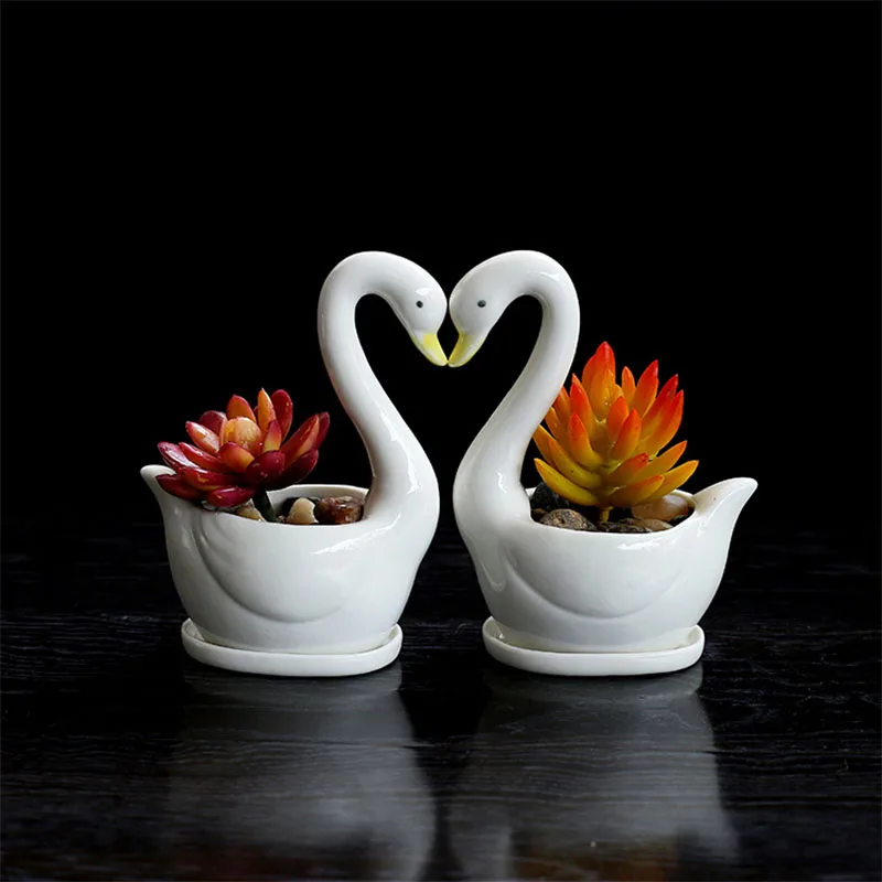 

1pcs Creative White Swan Ceramic Flower Pot Succulent Plant Flowerpot Balcony Decor Vase Planter Container Living Room Desktop