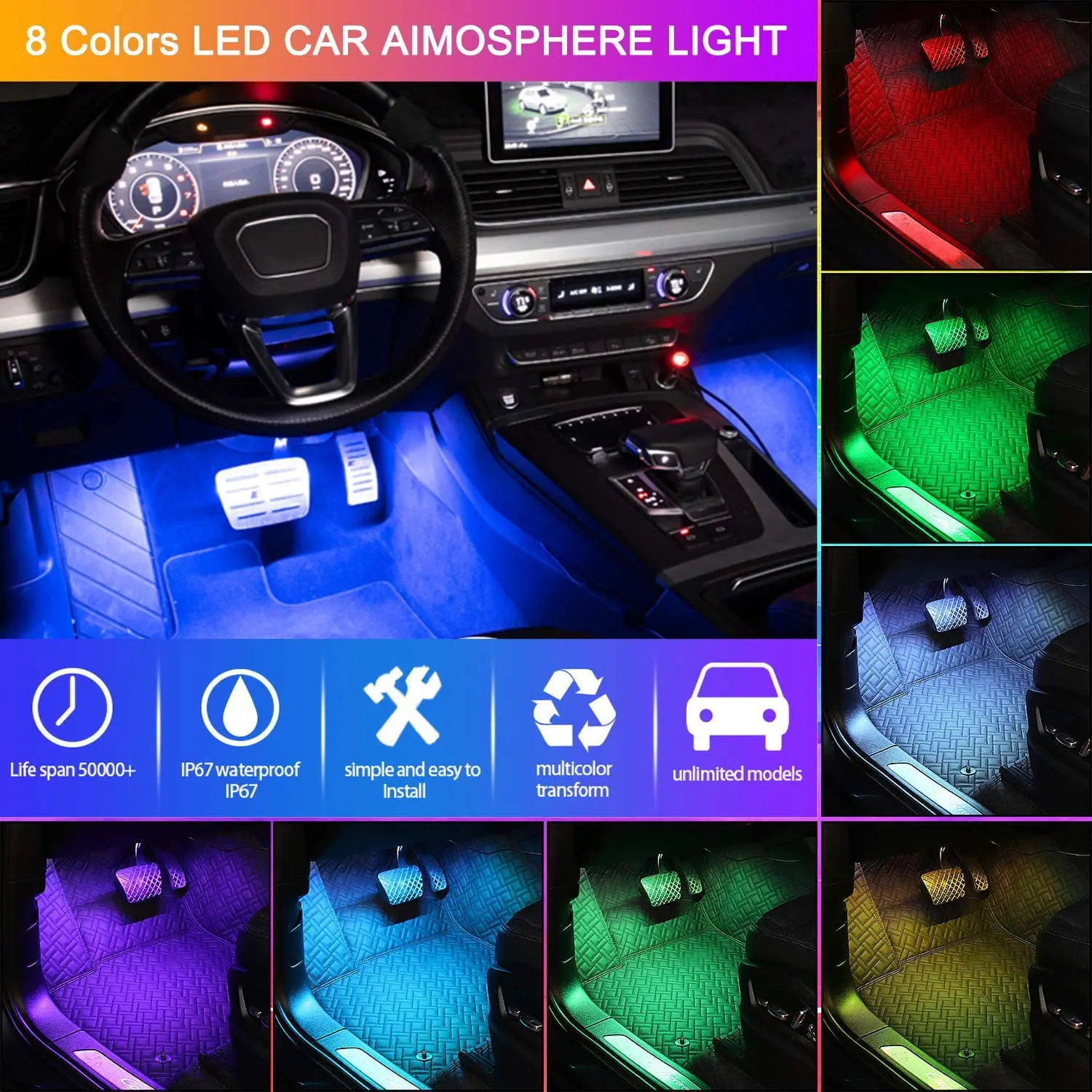 Car LED RGB Atmosphere Strip Light Remote Voice Control Interior Decorative RGB LED Dynamic Foot Ambient Lamp Bulb Backlight