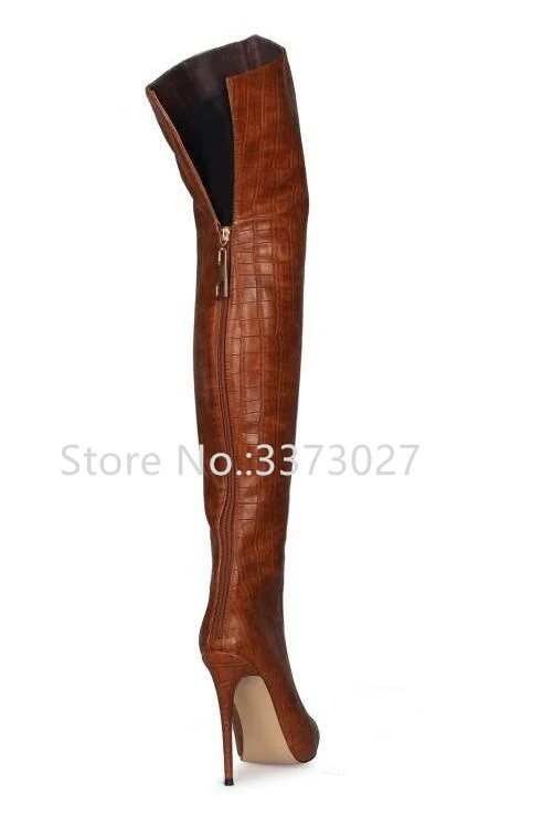 New Black Brown Crocodile Leather Long Boots Women Sexy Pointed Toe Back Zipper Over the Knee Boots Lady Size 45 Booties