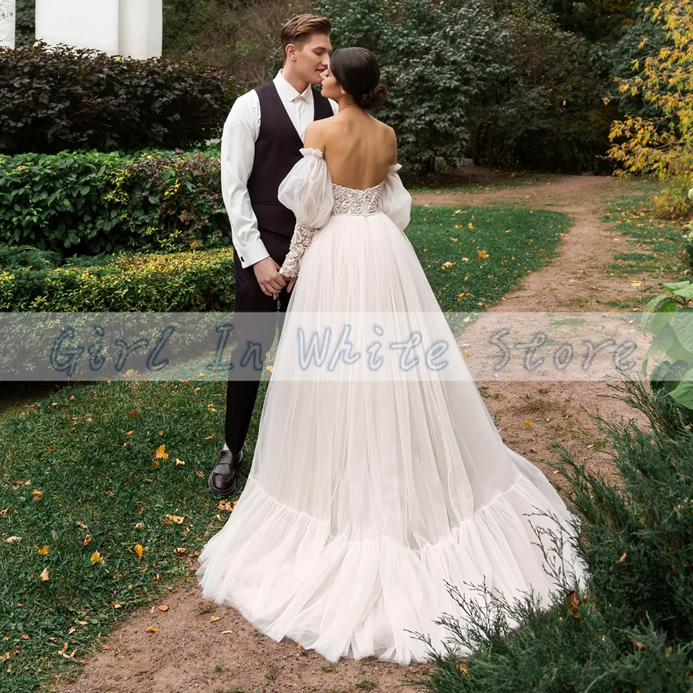 Beteau Puff Sleeves Ball Gown customized Sweet Backless Beading Applique Sweep Train Lace Wedding Dresses Vestido De Novia