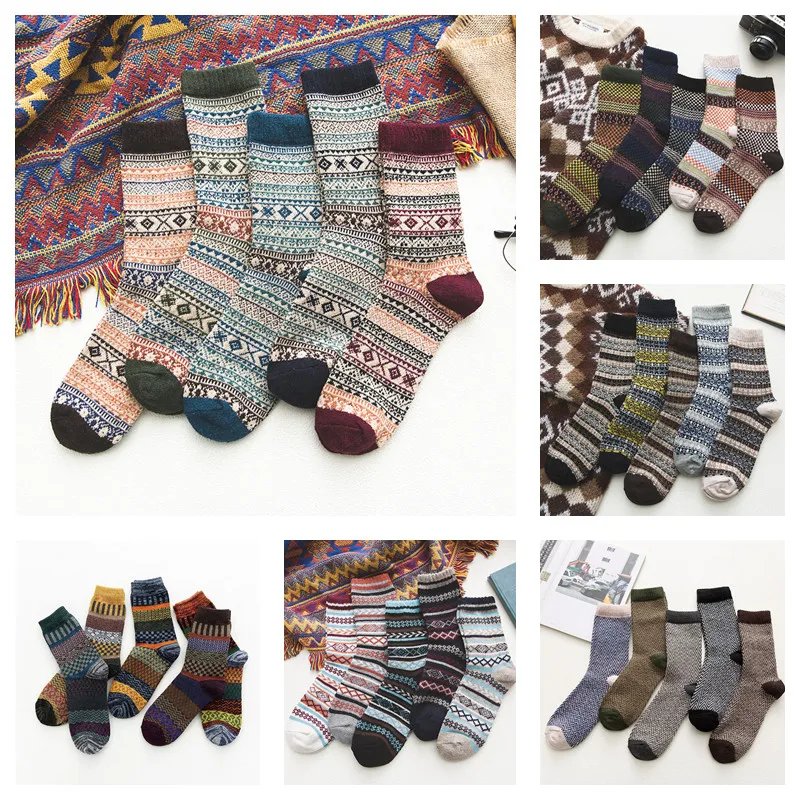 5 pairs/lots new Winter Harajuku High Quality vintage Thickened Warm Wool Men Socks Christmas socks Colorful stocking gifts