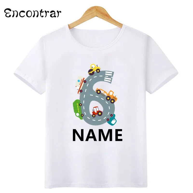 Different Car Print Birthday Boys T shirt 1 2 3 4 5 6 7 8 9 10 Years Customize Name Kids T-shirts Party Baby Girls Tops,HKP2498