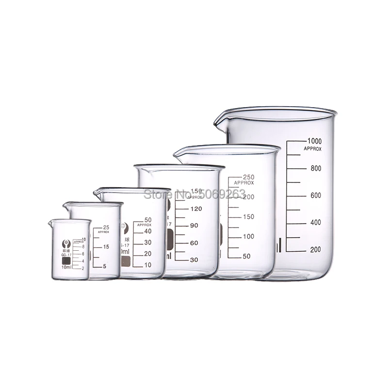 고품질 실험실 붕규산염 유리 비커, 모든 크기의 화학 형태 붕규산염 3.3 유리, 눈금 포함, 1 세트